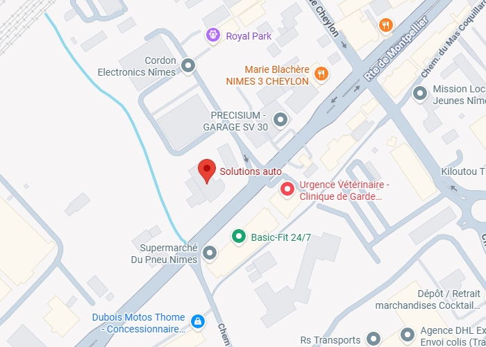 Solutions Auto Nîmes : Plan d'Accès et Localisation Carte de Nîmes localisant Solutions auto près de Marie Blachère et Basic-Fit sur la Route de Montpellier.