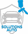 Logo Solutions Auto : silhouette de voiture grise dans un bouclier avec pistolet à peinture bleu pour carrosserie.
