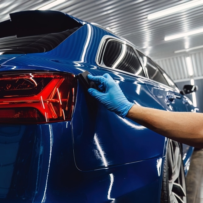 Protection Céramique Voiture : Detailing et Brillance Application d'une protection céramique sur la carrosserie bleue d'une voiture dans un atelier de detailing auto.